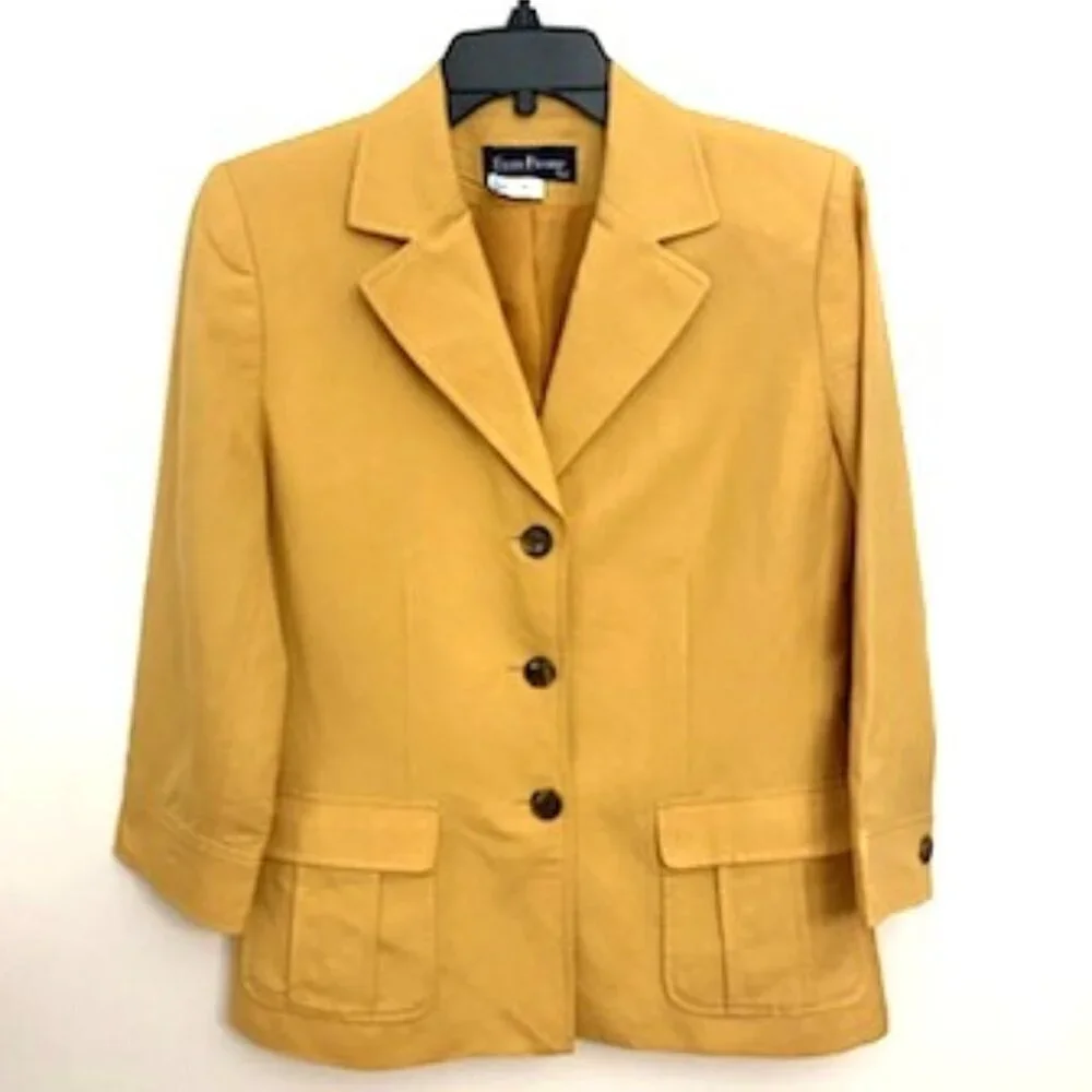 Evan Picone Blazer Jacket Women's Sz 8 Mustard‎ Yellow 3/4 Sleeves Linen Blend